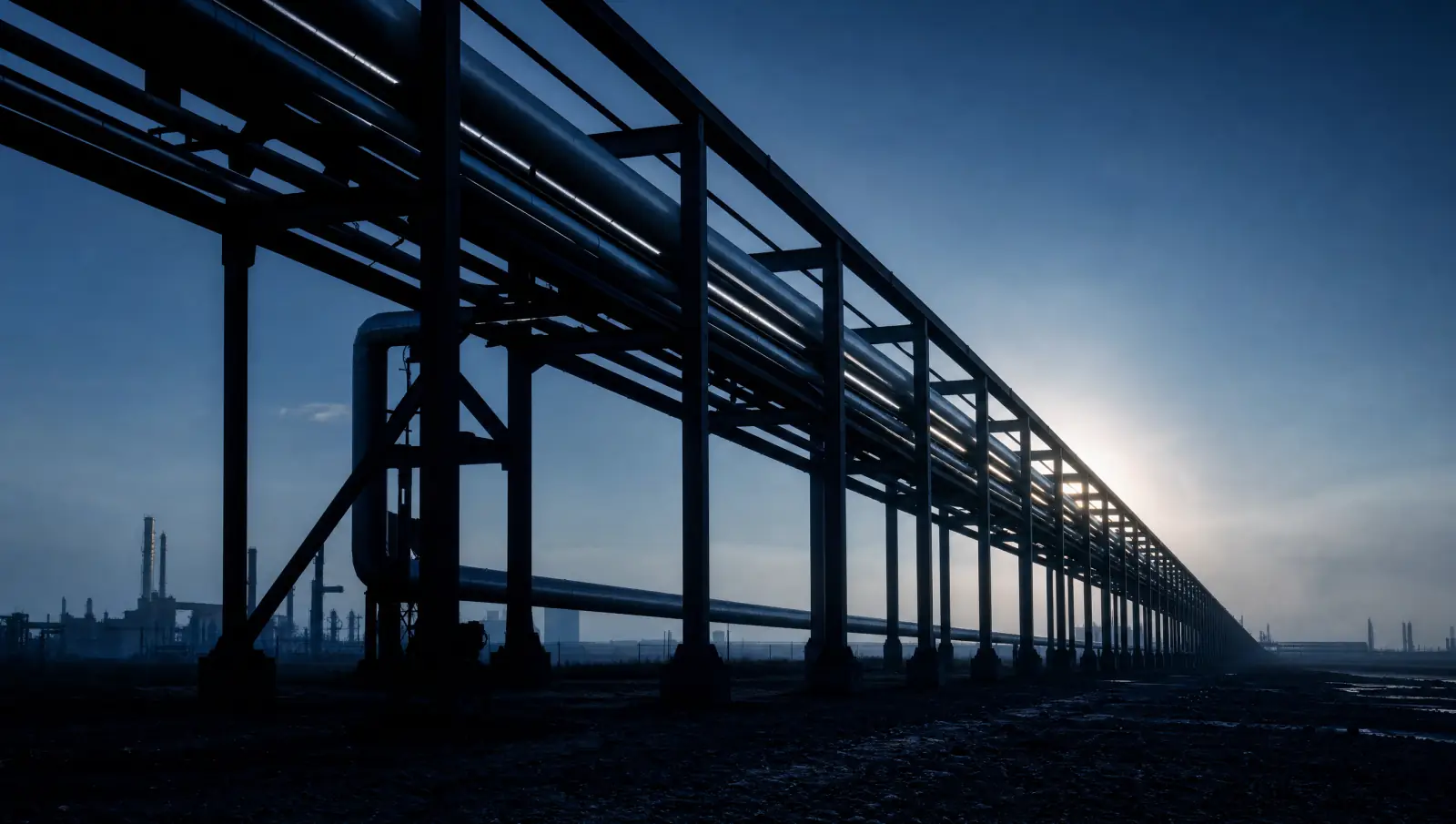 Lange Rohrbrücke im kalten Gegenlicht des Morgens, Stahlrohre und Stützen als Silhouette