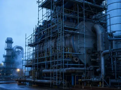 Stahlgerüst mit Bühnen und Leitern rund um einen Industriekessel während einer Revision